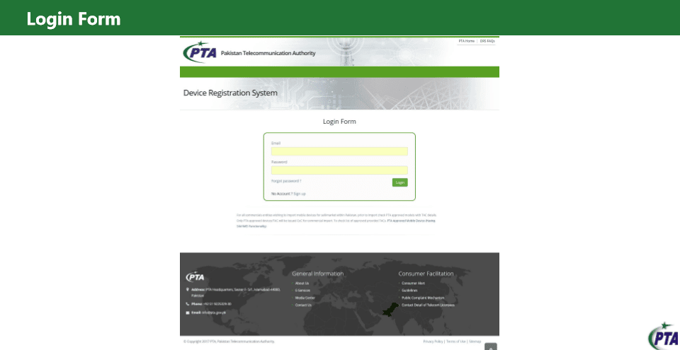 get NOC for import mobile PTA login  window screen shot