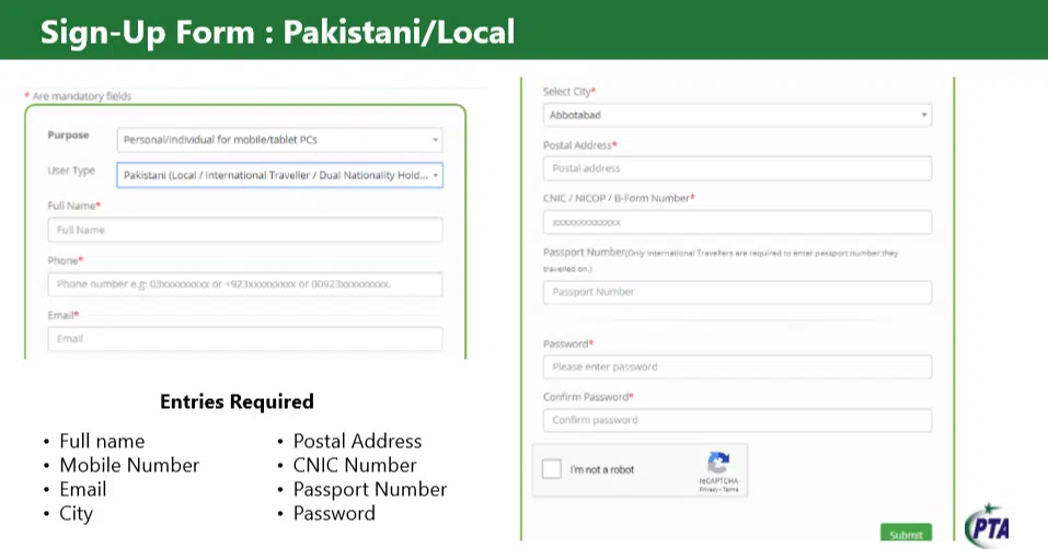 get NOC for import mobile PTA Sign-UP form  